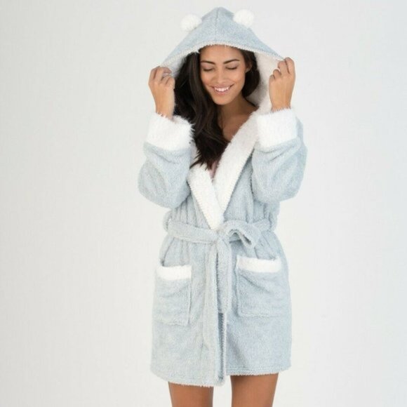 NEW Honeydew Intimates Women All Ears Hooded Plush Fleece Short Robe Light Blue